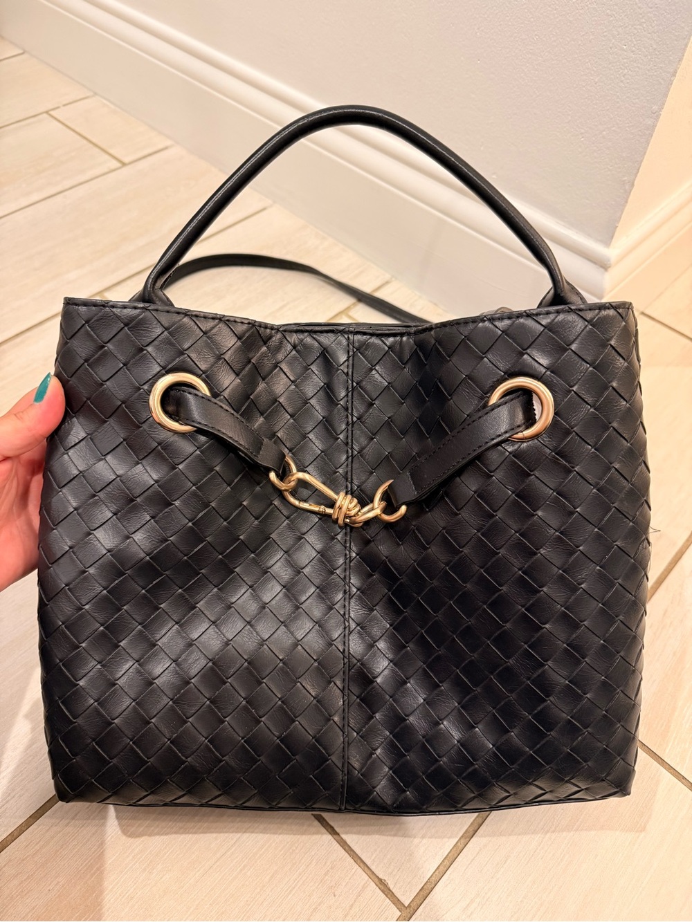 Time and Tru Black Woven Satchel with Gold Hardware